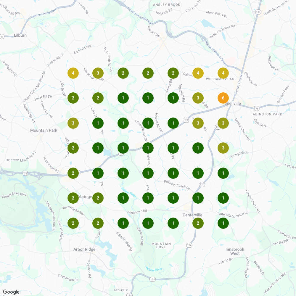 Local Falcon scan for 'Gyros Near Me' showing strong green rankings throughout Snellville service area